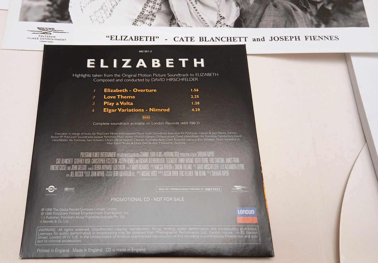 Cartella Stampa Film ELIZABETH di Shekhar Kapur con Cate Blanchett +CD - RVSa968