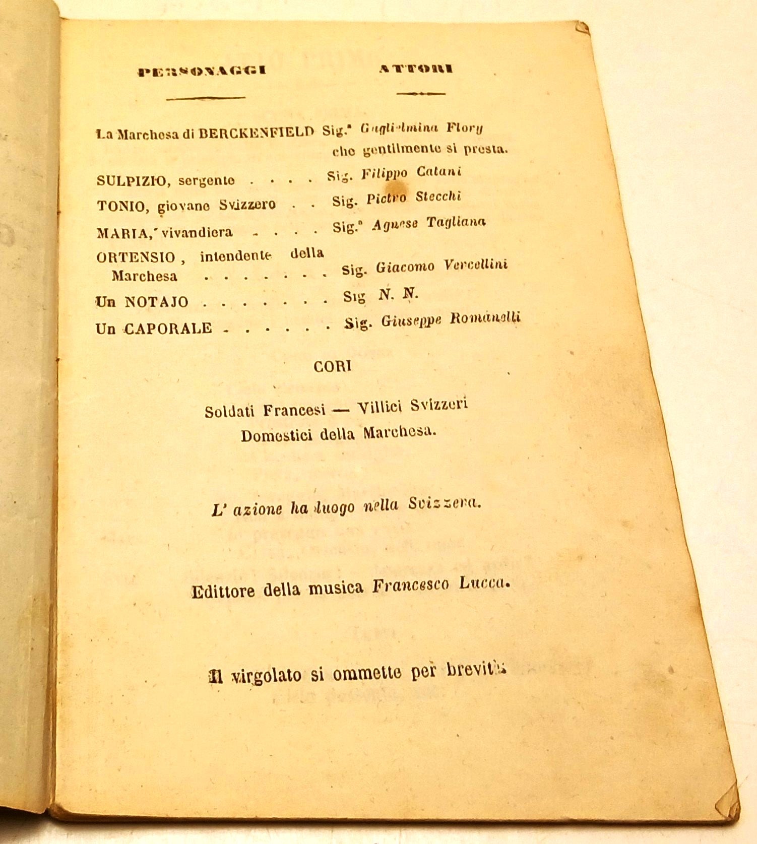 Libretto d'opera La figlia del Reggimento- Donizetti- Parma 1861- attori-RVSz141
