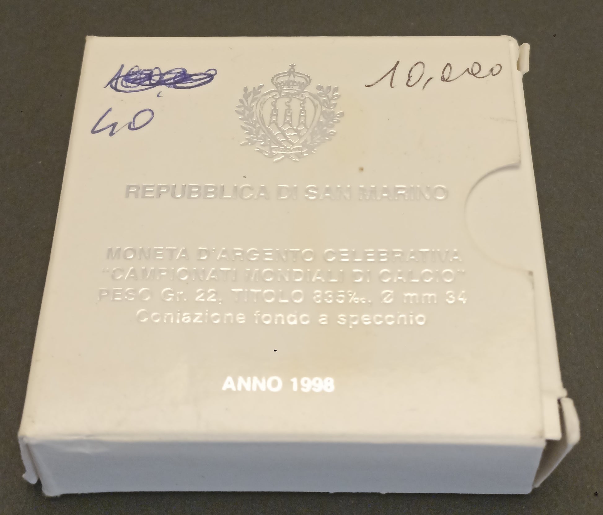 CB- 1998 SAN MARINO CAMPIONATI MONDIALI CALCIO LIRE 10000 ARGENTO PROOF - GTTS28