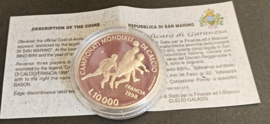 CB- 1998 SAN MARINO CAMPIONATI MONDIALI CALCIO LIRE 10000 ARGENTO PROOF - GTTS28