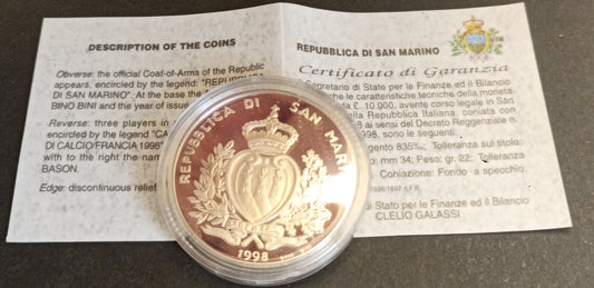 CB- 1998 SAN MARINO CAMPIONATI MONDIALI CALCIO LIRE 10000 ARGENTO PROOF - GTTS28