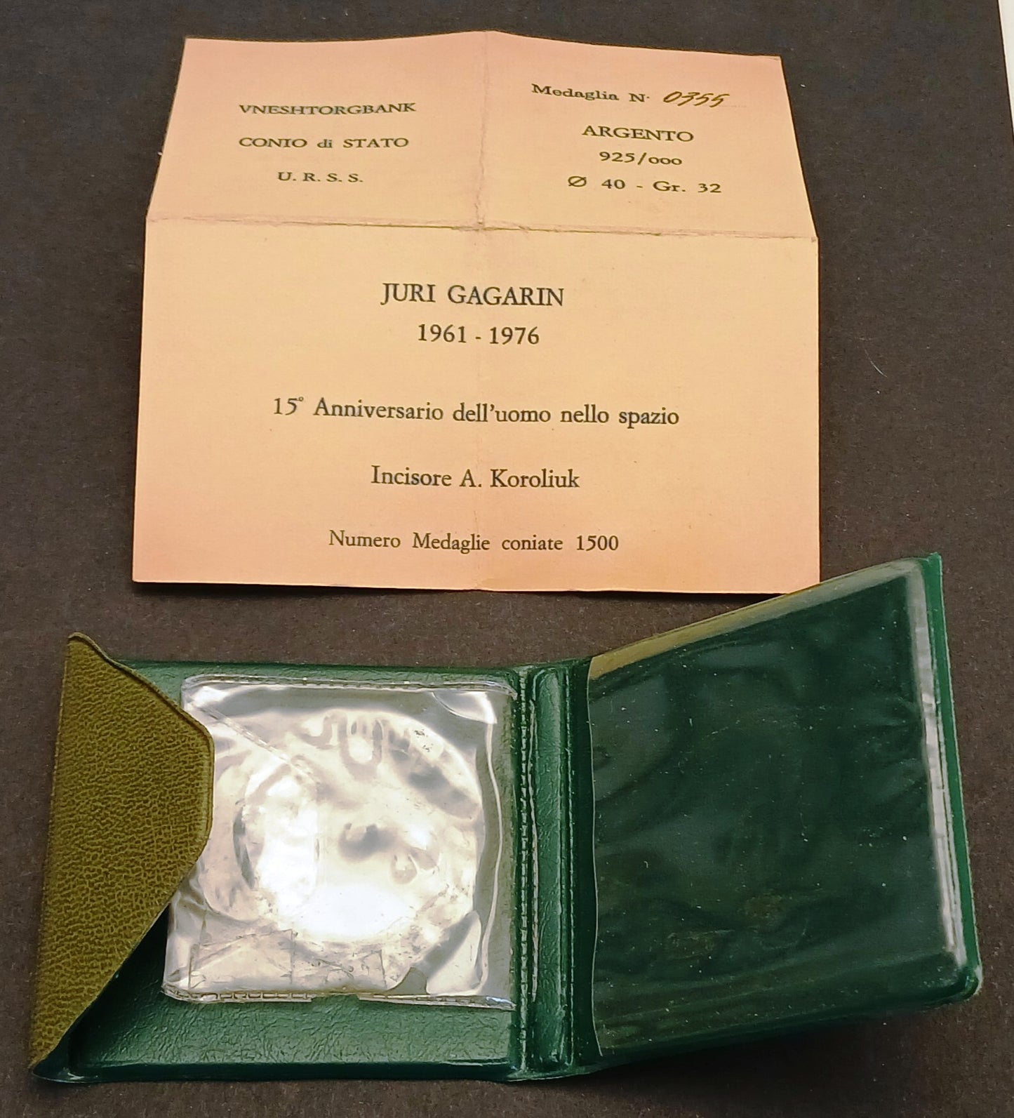 CB- Medaglia Juri Gagarin 1961-1976 spazio incisore Koroliuk - argento- GTTS183