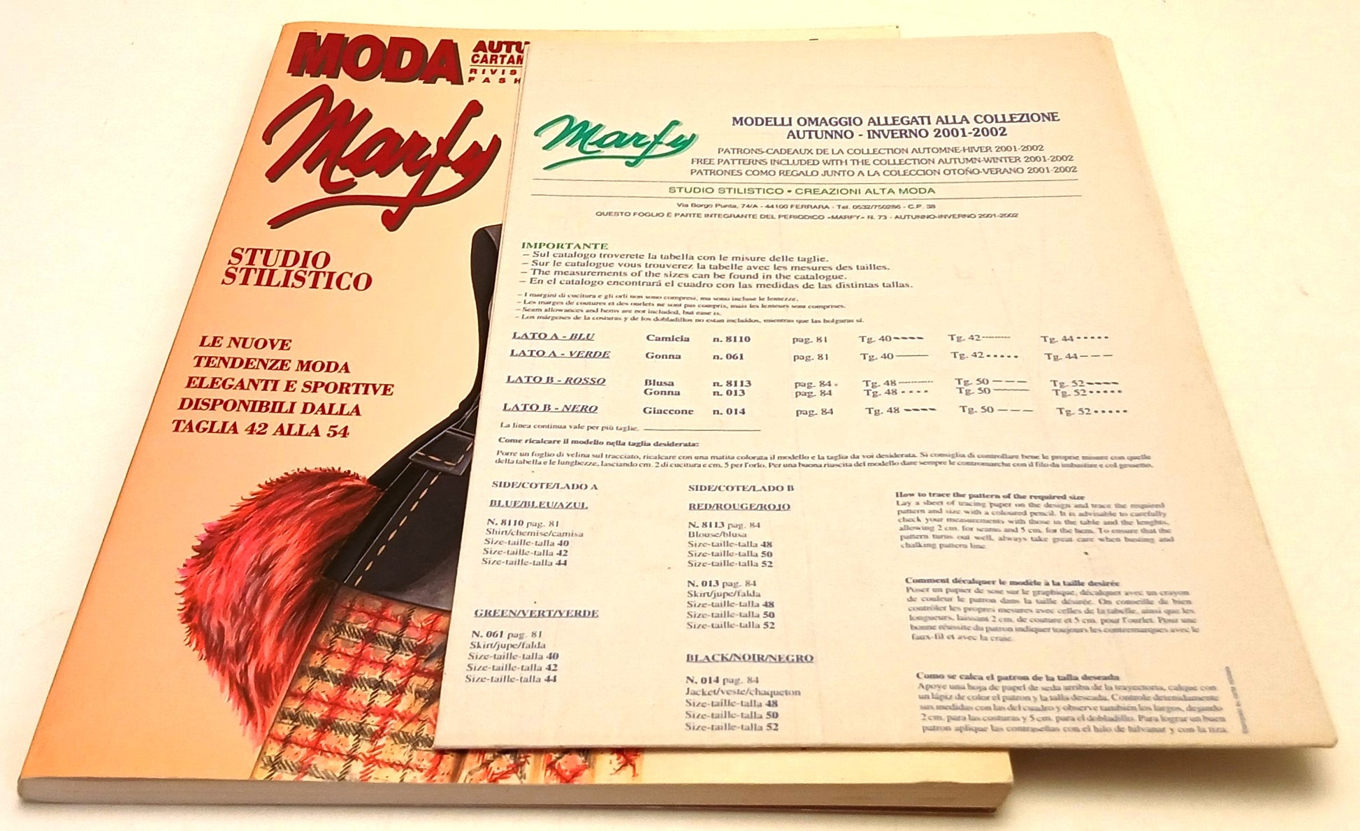 Rivista Fashion Design Marfy 73 Moda Autunno-Inverno 2001/02 Cartamodelli-YFS825