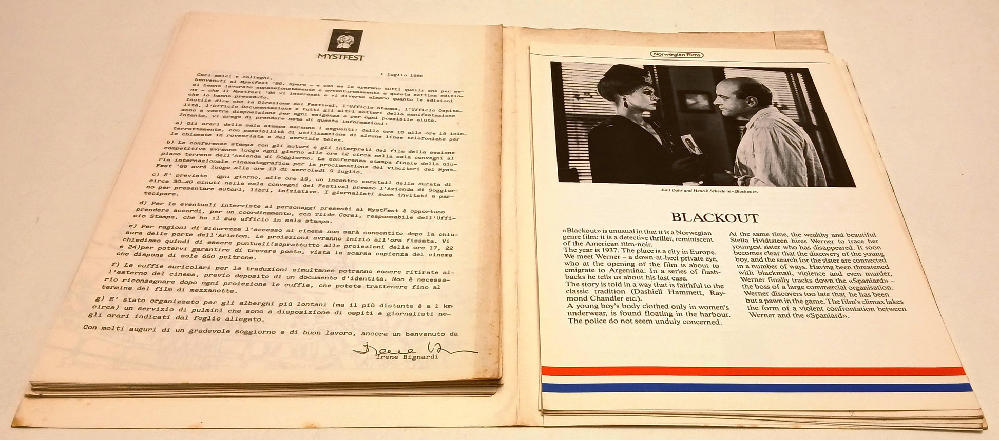 Cartella stampa Mystfest 1986 - Film Blackout - regista Erik Gustavson - RVSa888