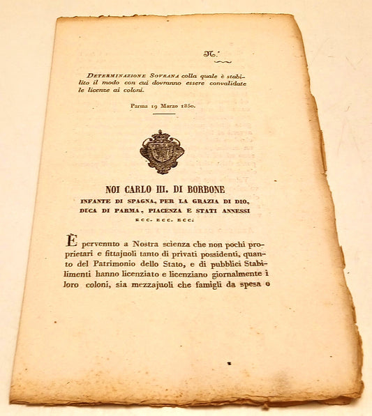 Determinazione sovrana Carlo III di Borbone Duca Parma Piacenza - 1850 - RVSa901