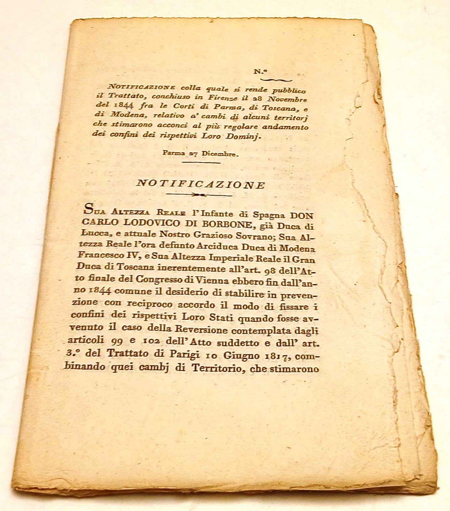 Notificazione Sua Altezza Reale Don Carlo Lodovico di Borbone - 1844 - RVSa902