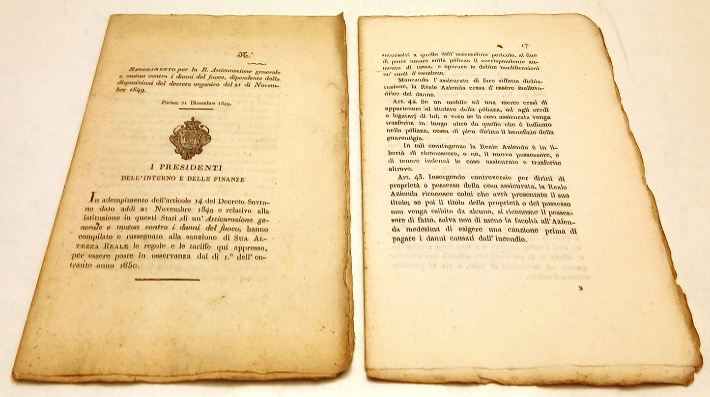 Regolamento R. Assicurazione generale Presidenti Consiglio - Parma 1849- RVSa905