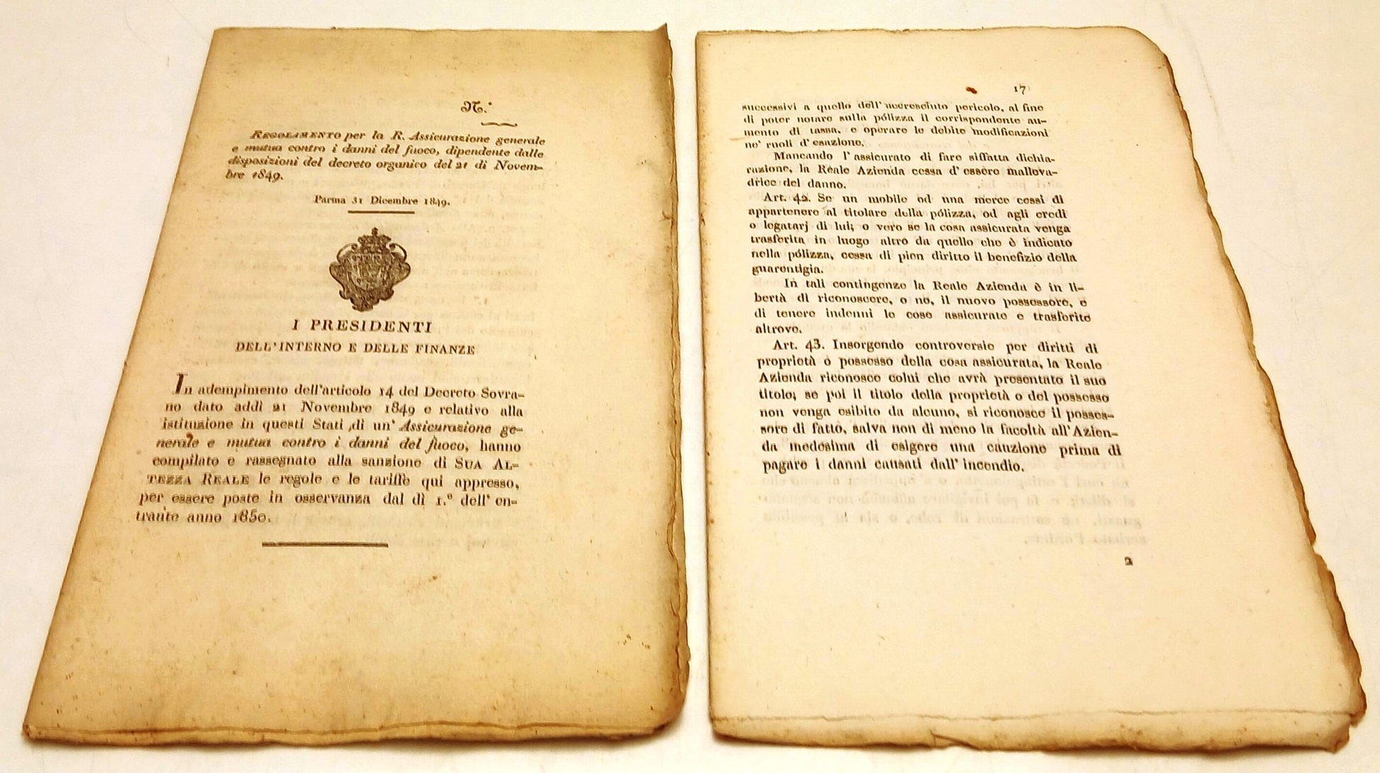 Regolamento R. Assicurazione generale Presidenti Consiglio - Parma 1849- RVSa905