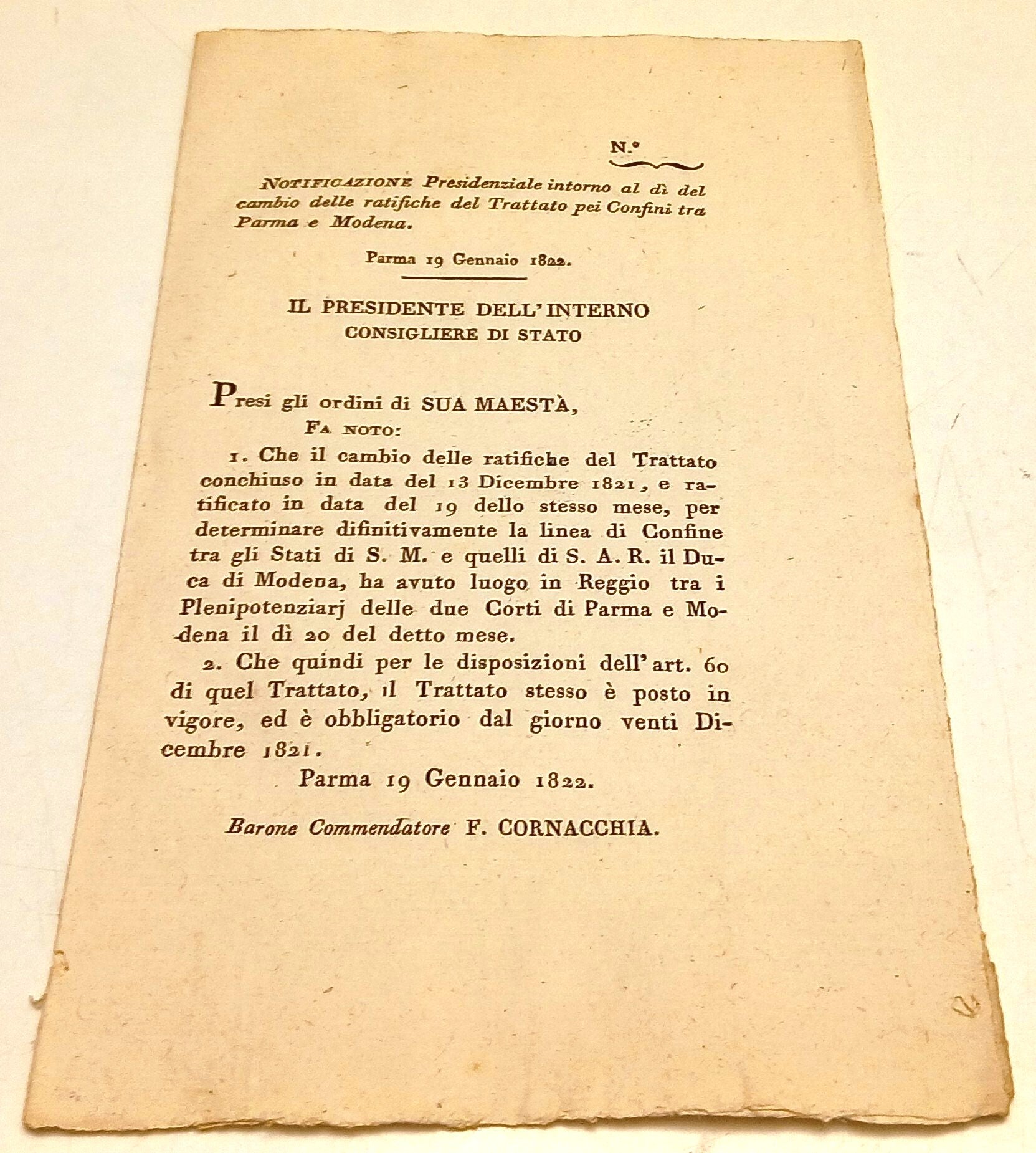 Notificazione Presidenziale confini Parma e Modena - Cornacchia - 1822 - RVSa907