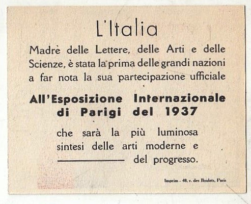 CV- CARTONCINO PUBBLICITARIO ESPOSIZIONE INTERNAZIONALE PARIGI 1937 - RVSz11