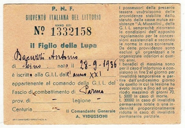 CV- GIOVENTU' ITALIANA DEL LITTORIO G.I.L. TESSERA IL FIGLIO DELLA LUPA - RVSz13