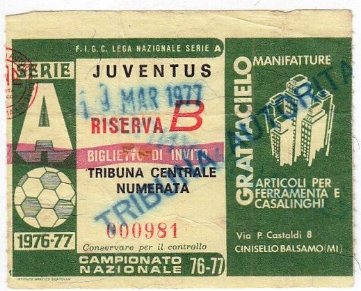 CV- TAGLIANDO BIGLIETTO STADIO JUVENTUS - RISERVA B - TRIBUNA - 1976-77 - RVSz85