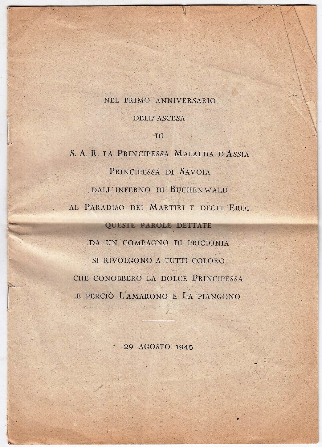 CV- FASCICOLO COMMEMORAZIONE MORTE PRINCIPESSA MAFALDA DI SAVOIA 1945 - RVSz88