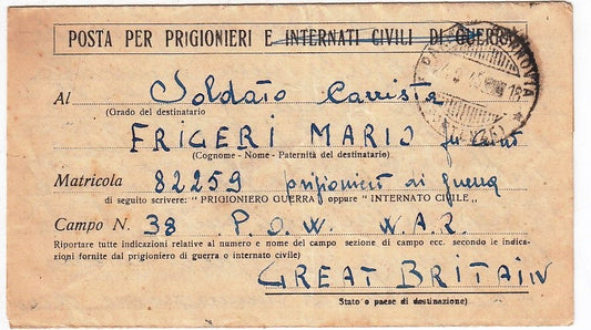 CV- LETTERA POSTA PER PRIGIONIERI E INTERNATI CIVILI DI GUERRA 1945 - RVSz95