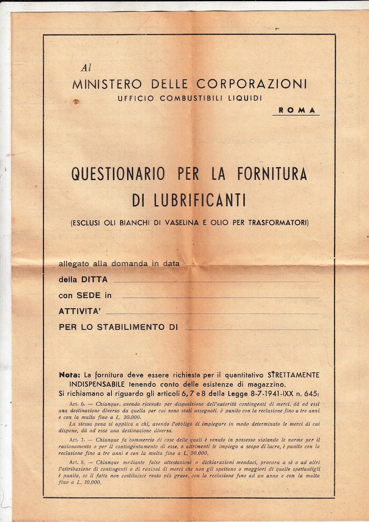 CV- QUESTIONARIO PER LA FORNITURA DI LUBRIFICANTI ANNI '40 - RVSz98