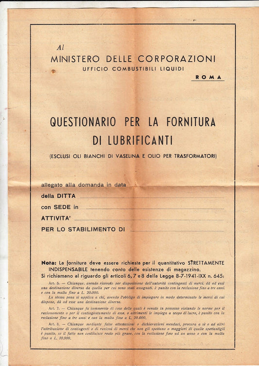 CV- QUESTIONARIO PER LA FORNITURA DI LUBRIFICANTI ANNI '40 - RVSz98