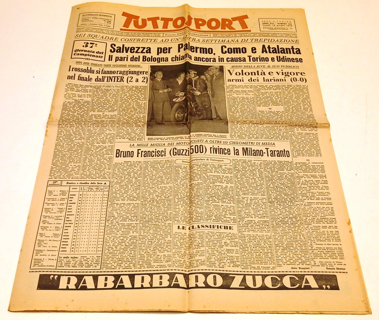 Quotidiano Tuttosport Lunedi' 16 giugno 1952 37a Giornata Campionato - RVSa1034