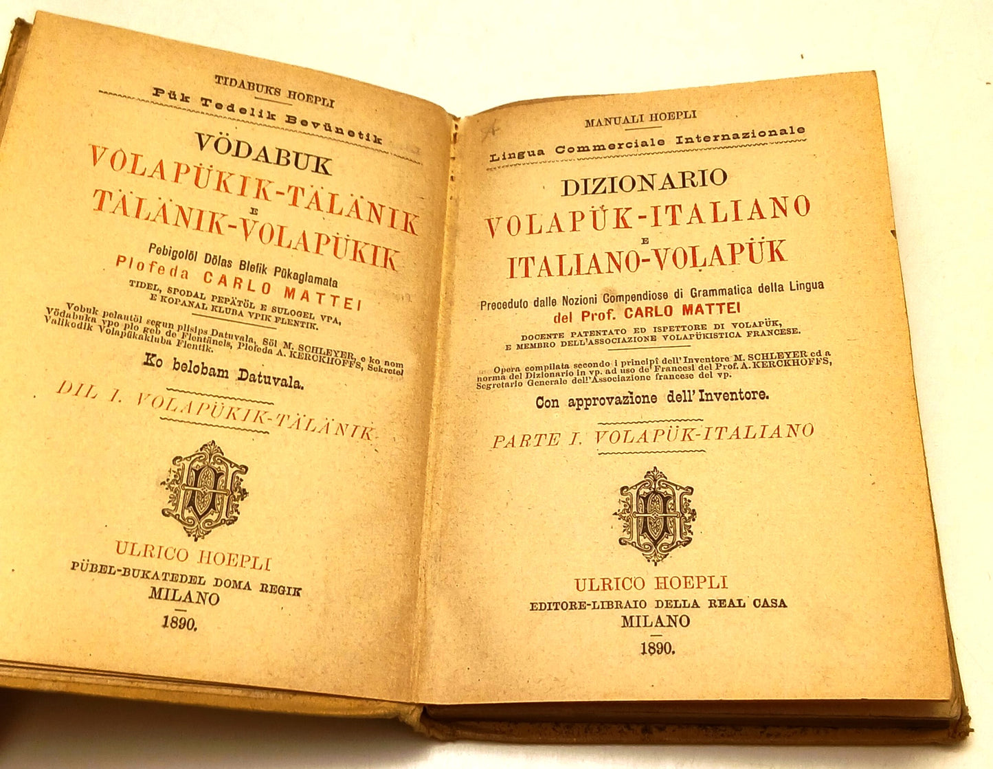 LZ- DIZIONARIO ITALIANO VOLAPUK - CARLO MATTEI - HOEPLI - MANUALI-- 1890- C- XFS