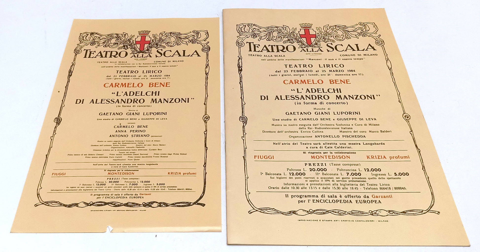 LT- PROGRAMMA + LOCANDINA TEATRO ALLA SCALA CARMELO BENE L'ADELCHI 1984- RVSa506