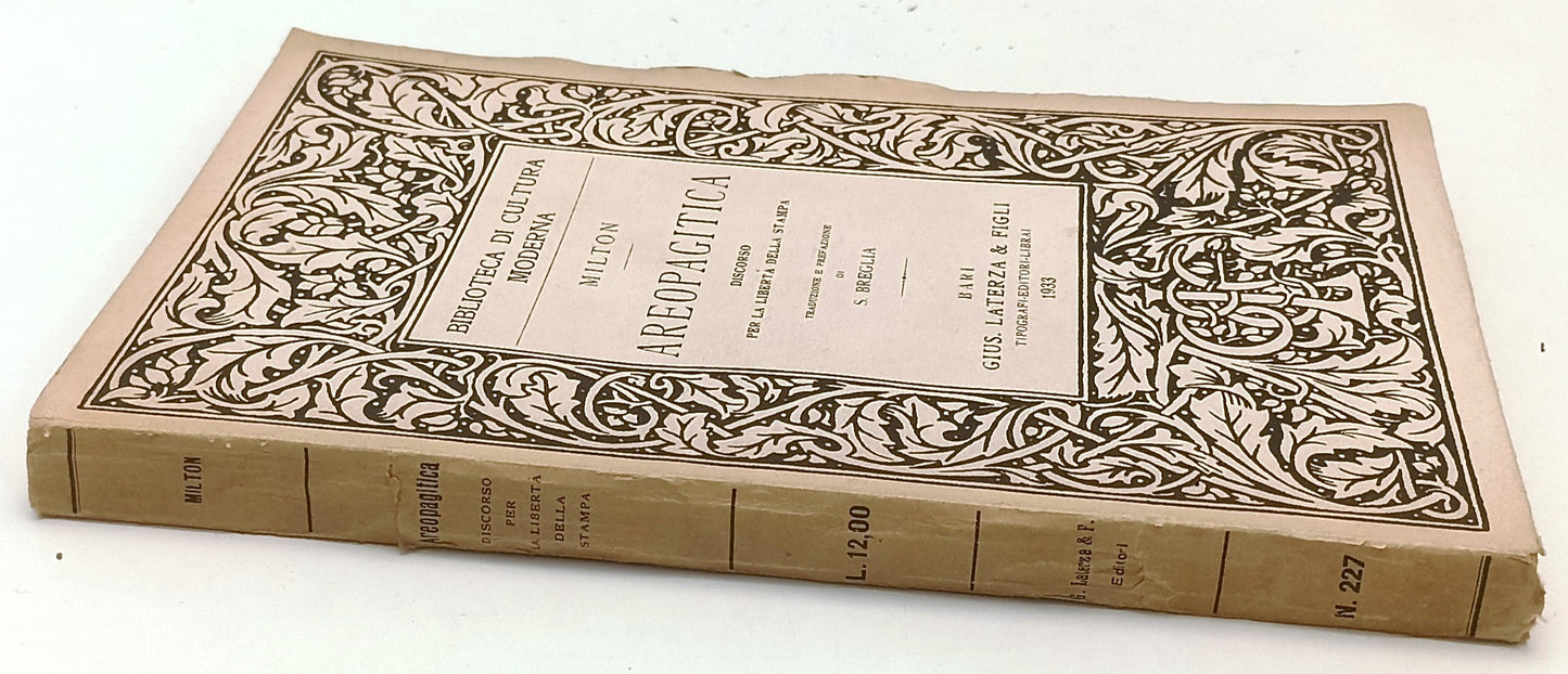 LS- AREOPAGITICA - MILTON- LATERZA - BIBLIOTECA CULTURA MODERNA -- 1933 - B- XFS