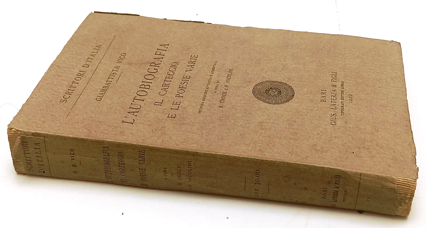L'AUTOBIOGRAFIA IL CARTEGGIO - VICO - LATERZA - SCRITTORI -- 1929- B- XFS124