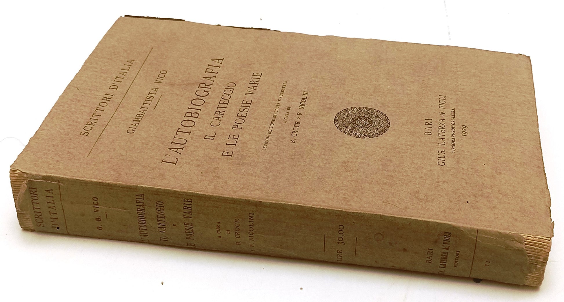 L'AUTOBIOGRAFIA IL CARTEGGIO - VICO - LATERZA - SCRITTORI -- 1929- B- XFS124