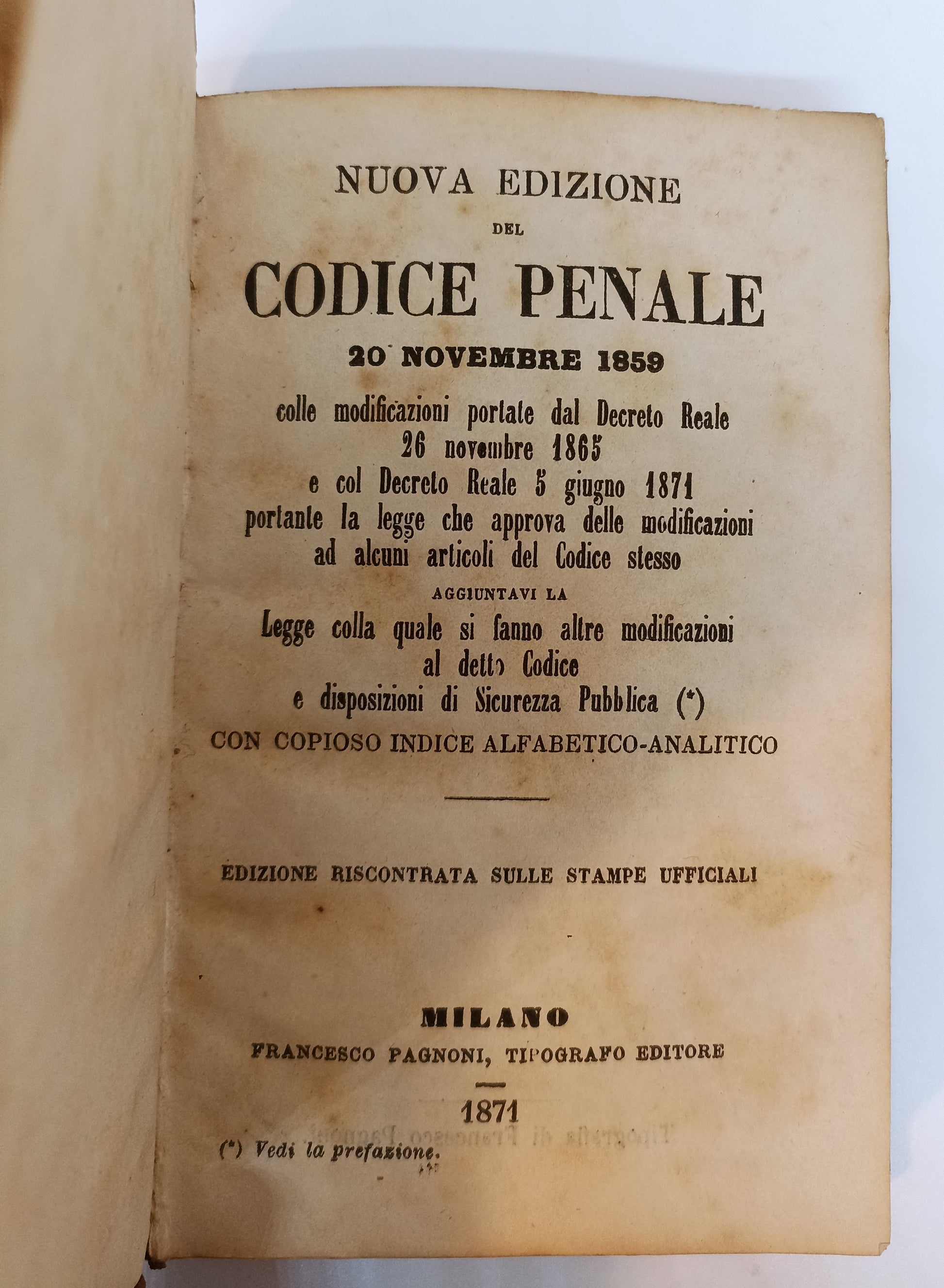 LH- NUOVA EDIZIONE DEL CODICE PENALE 20 NOVEMBRE 1859 -- PAGNONI- 1871- C- XFS53