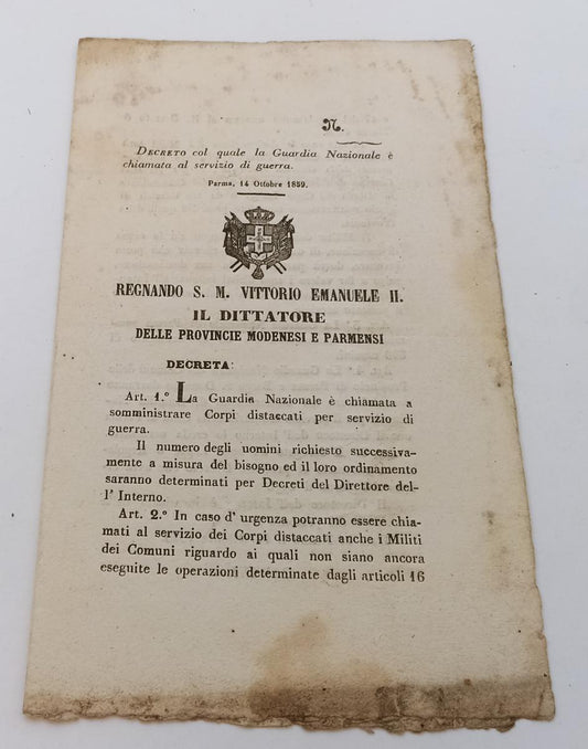 LR- DECRETO GUARDIA NAZIONALE VITTORIO EMANUELE II - Parma 1859 - RVSa39