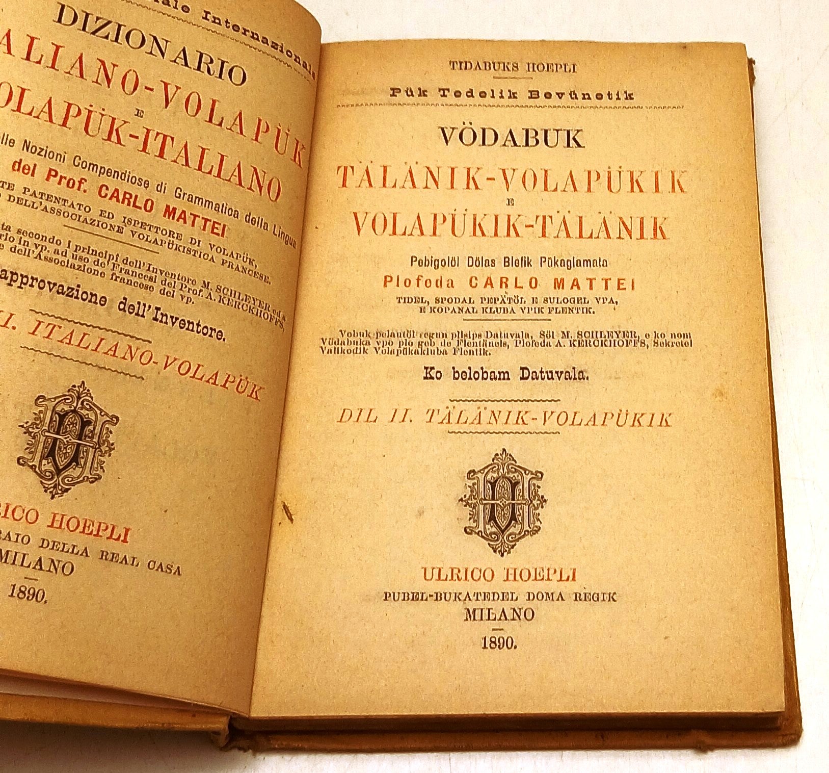 LZ- DIZIONARIO ITALIANO VOLAPUK - CARLO MATTEI - HOEPLI - MANUALI-- 1890- C- XFS