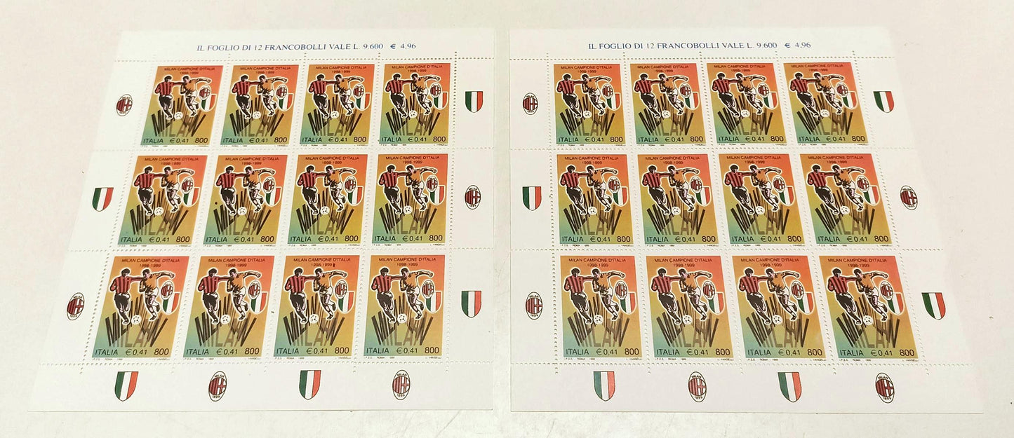 CV- 2 FOGLIETTI 12 FRANCOBOLLI MILAN CAMPIONE D'ITALIA 1998/1999 - RVSa330