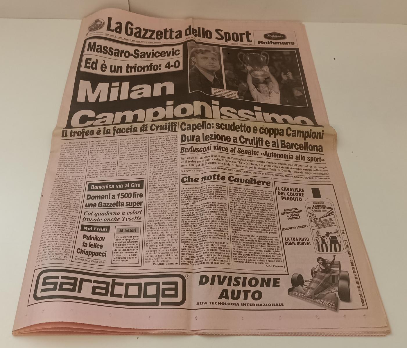LC- GAZZETTA dello SPORT GIOVEDI' 19 maggio 1994 MILAN CAMPIONISSIMO - RVSa219