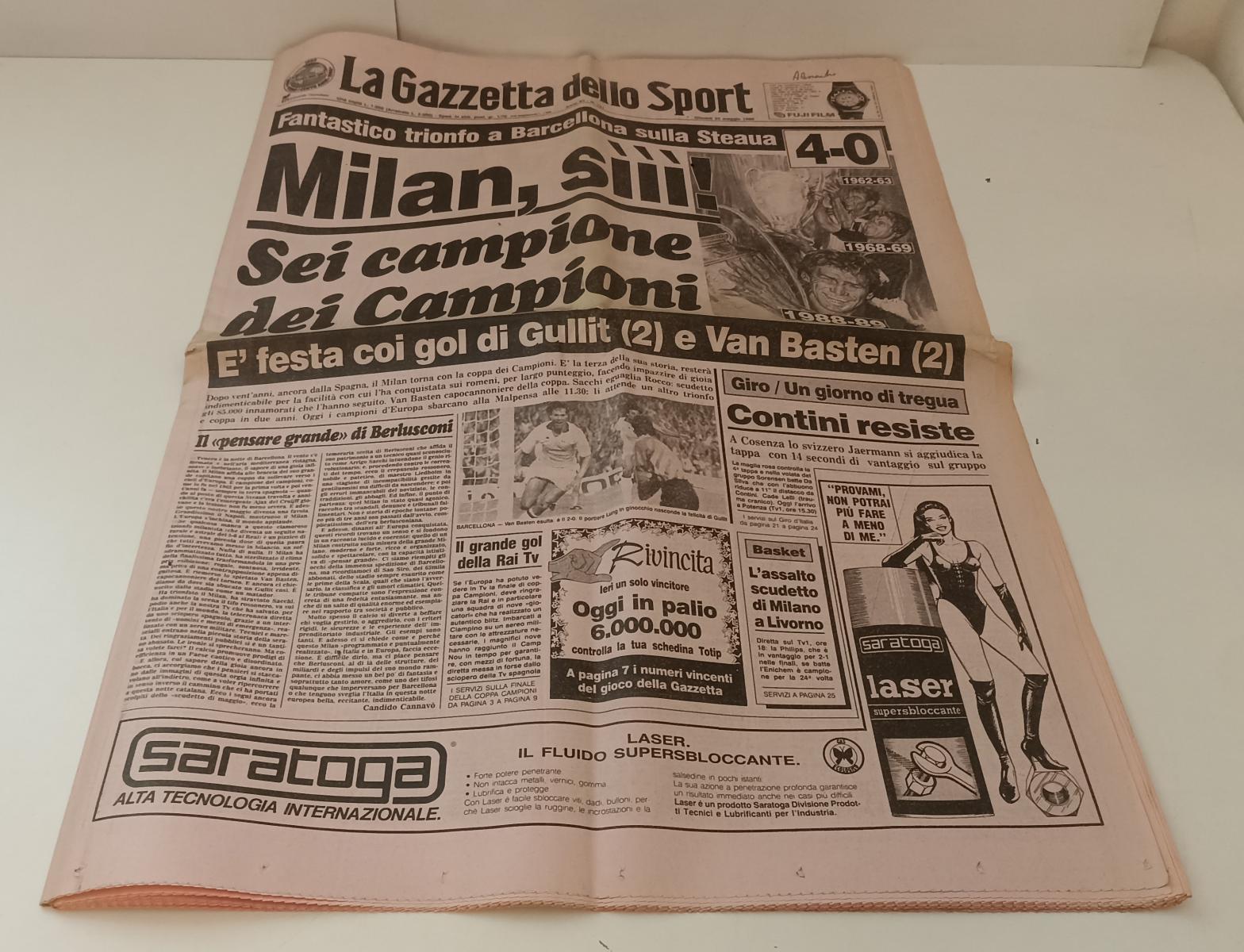 LC- GAZZETTA dello SPORT 19 maggio 1989 MILAN CAMPIONE DEI CAMPIONI - RVSa223