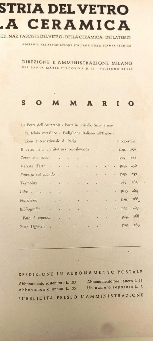 LR- RIVISTA L'INDUSTRIA DEL VETRO E DELLA CERAMICA 12 DICEMBRE 1937 XVI- RVSa585