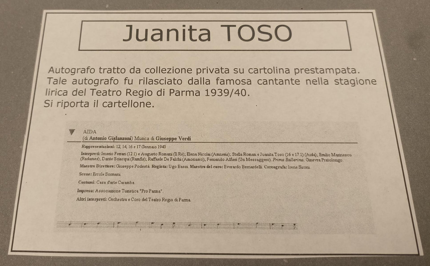 CV- CARTOLINA  JUANITA TOSO autografo Parma 1940 STAGIONE TEATRO REGIO - RVSa529