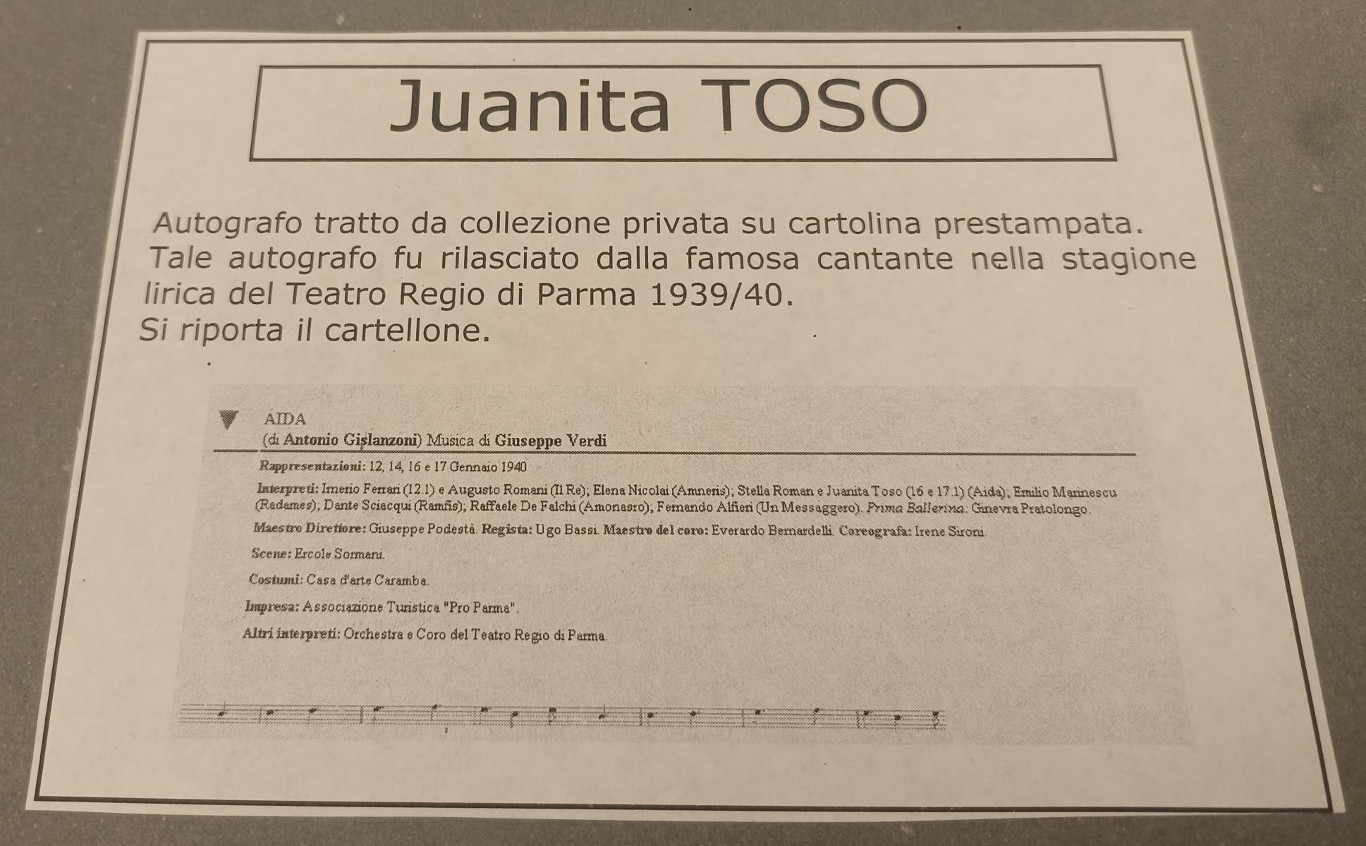 CV- CARTOLINA  JUANITA TOSO autografo Parma 1940 STAGIONE TEATRO REGIO - RVSa529