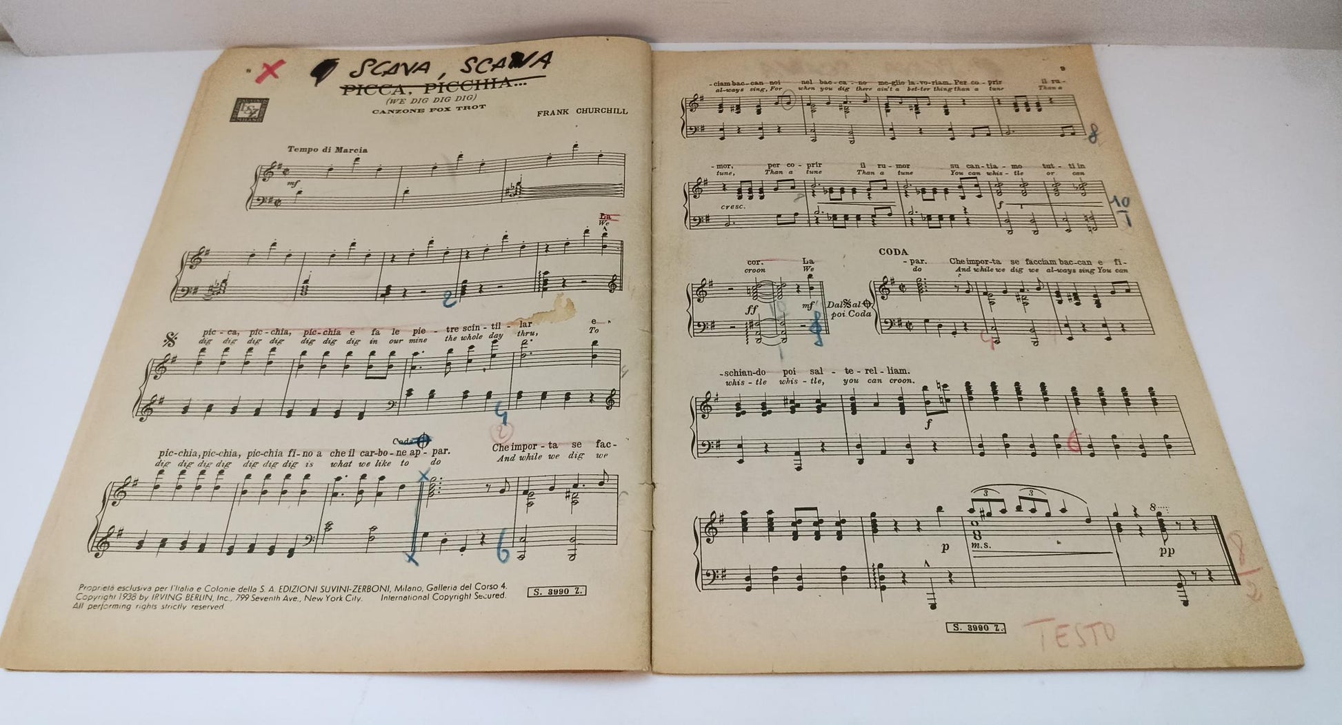 CV- SPARTITO LE CANZONI DI BIANCANEVE E I SETTE NANI WALT DISNEY- SUVINI- RVSa54