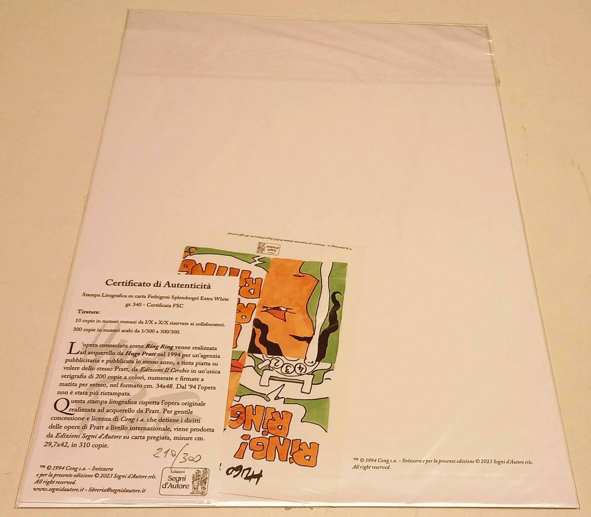 Litografia numerata 210/300 Hugo Pratt - Ring Ring - Segni d'Autore- RVSh81