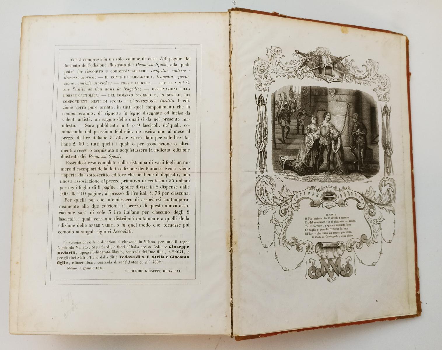LH- OPERE VARIE ADELCHI CARMAGNOLA- ALESSANDRO MANZONI- RADAELLI- 1843- C-ZFS501