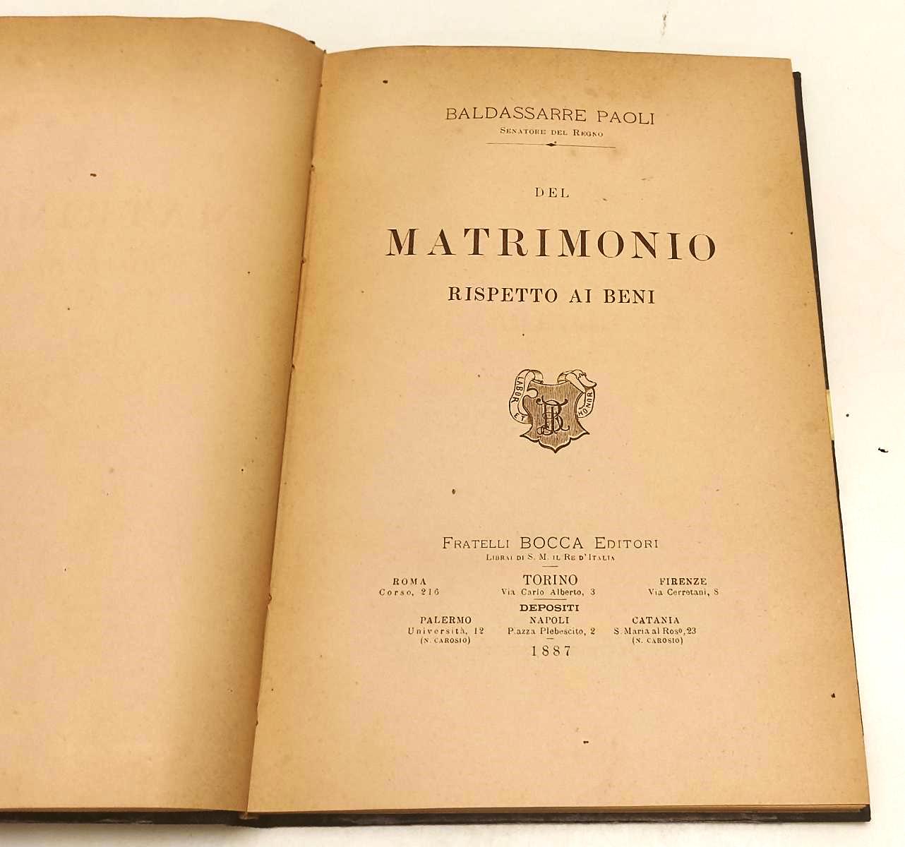 LH- DEL MATRIMONIO RISPETTO AI BENI - PAOLI - FRATELLI BOCCA --- 1887- C- XFS152