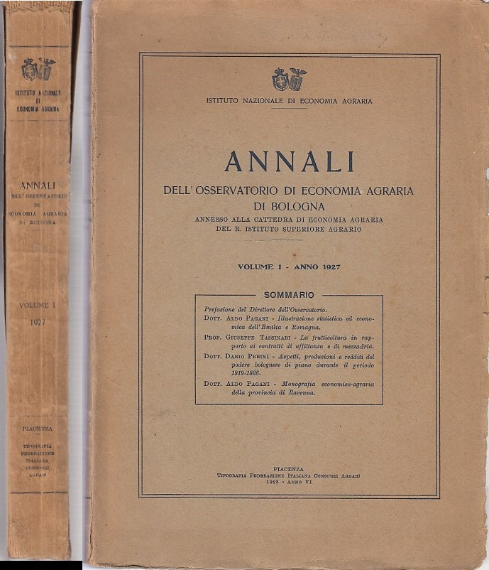 LZ- ANNALI OSSERVATORIO ECONOMIA AGRARIA BOLOGNA VOL.1 1927 ----- 1928- B-YDS289