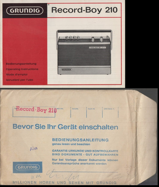 LZ- MANUALE ISTRUZIONI E USO ORIGINALE RECORD BOY 210 GRUNDING - 1970- S- XDS14