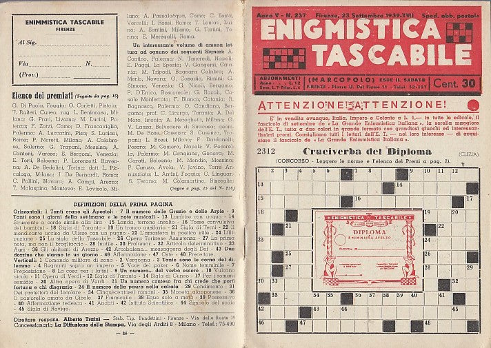 LZ- ENIGMISTICA TASCABILE N.237 ANNO V 1939 XVII -- MARCOPOLO--- 1939- S- XDS15 