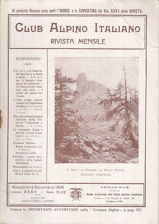LR- RIVISTA MENSILE CLUB ALPINO ITALIANO N.11/12 ANNO XXXV----- 1916 - S - XDS20