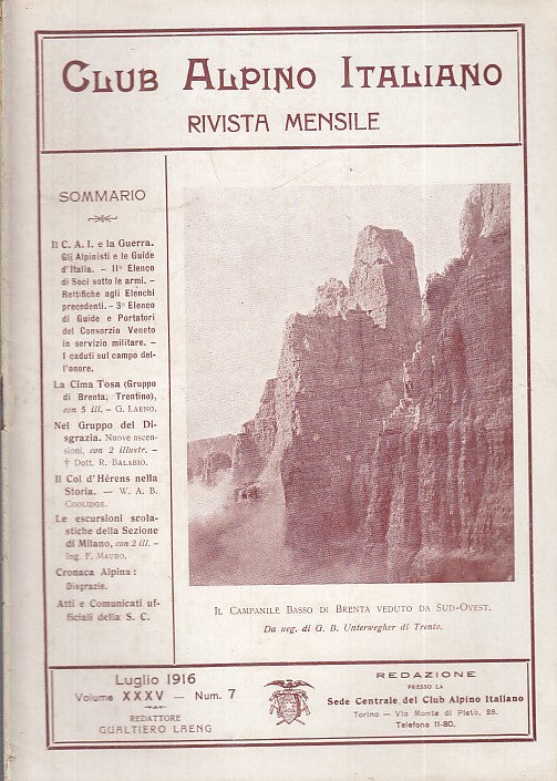 LR- RIVISTA MENSILE CLUB ALPINO ITALIANO N.7 ANNO XXXV ----- 1916 - S - XDS20