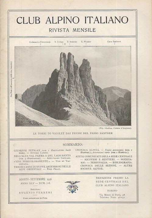 LR- RIVISTA MENSILE CLUB ALPINO ITALIANO N.7/8 ANNO XLV ----- 1926 - S - XDS20