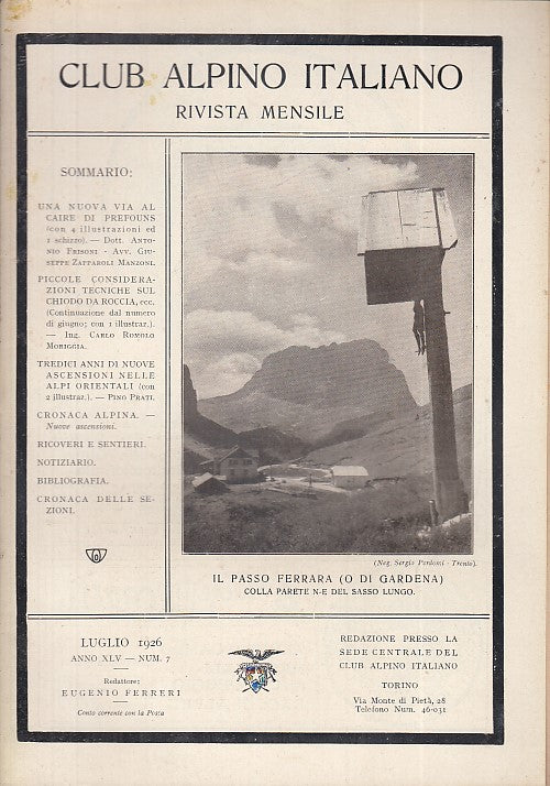 LR- RIVISTA MENSILE CLUB ALPINO ITALIANO N.7 ANNO XLV ----- 1926 - S - XDS20