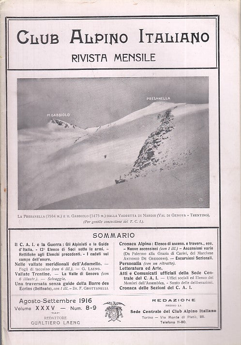 LR- RIVISTA MENSILE CLUB ALPINO ITALIANO N.8/9 ANNO XXXV ----- 1916 - S - XDS20