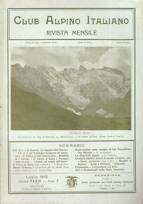 LR- RIVISTA MENSILE CLUB ALPINO ITALIANO N.7 ANNO XXXIV ----- 1915 - S - XDS20