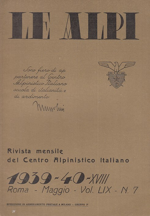 LR- RIVISTA MENSILE CENTRO ALPINISTICO LE ALPI N.7 1939/40 ----- 1940- B- XDS20