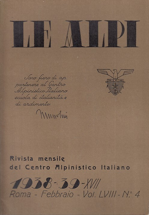 LR- RIVISTA MENSILE CENTRO ALPINISTICO LE ALPI N.4 1938/39 ----- 1939- B- XDS20